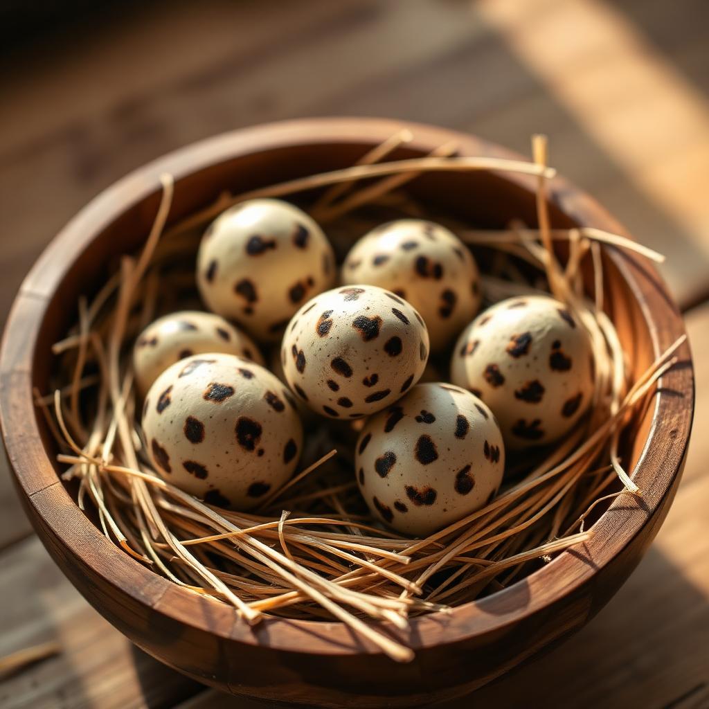 Speckled quail eggs in a rustic wooden bowl