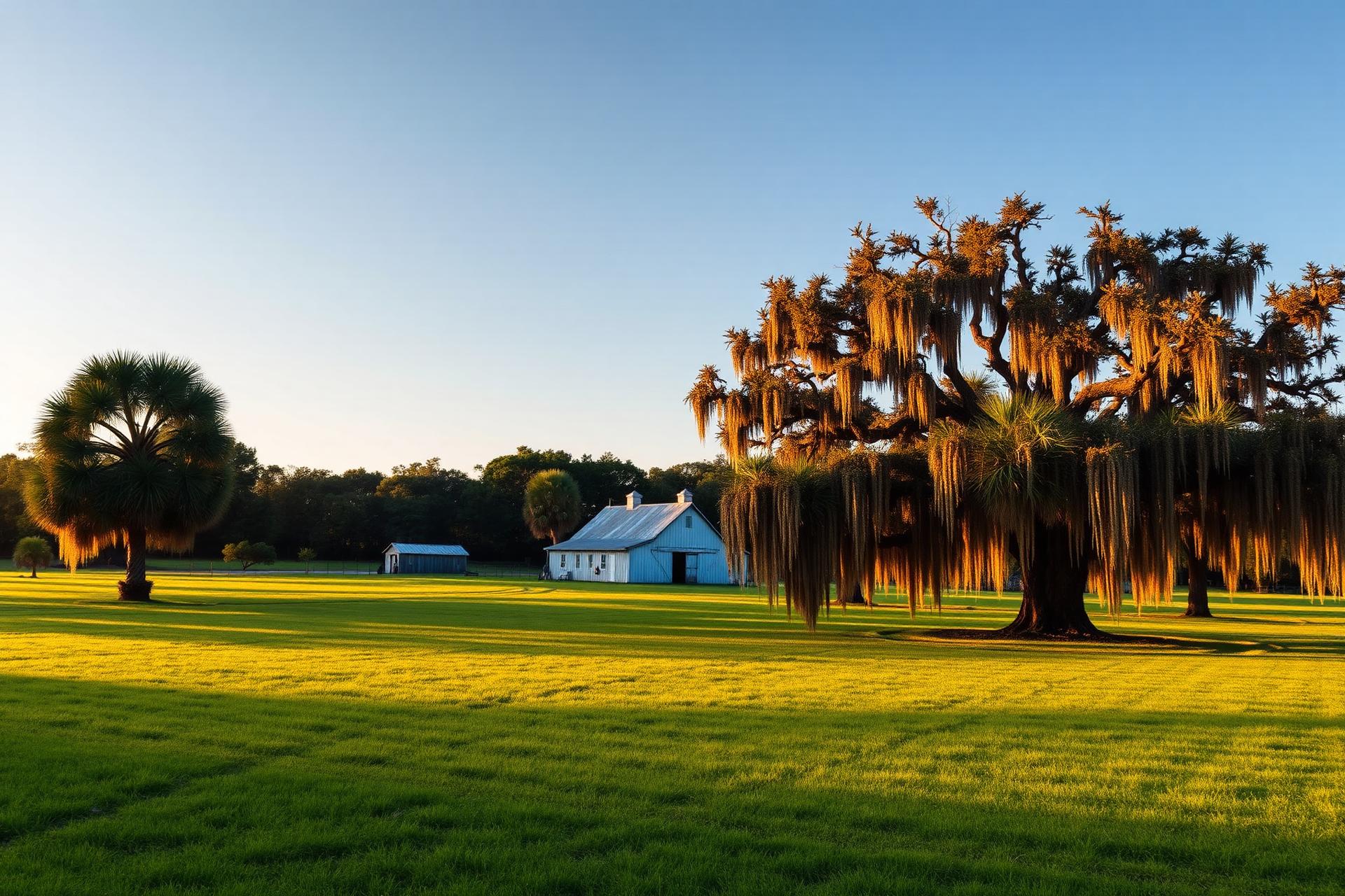 Golden hour over a Florida homestead with live oaks and a rustic barn